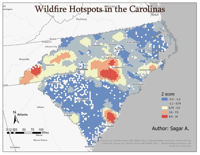 ArcGIS Pro Mapping showing the wildfire hotspots in the Carolinas